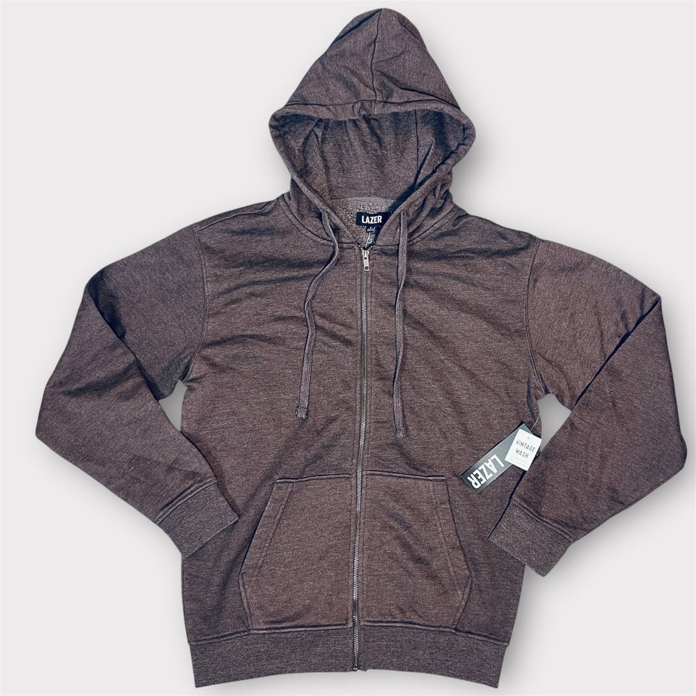 NWT Macy's LAZER Brown Vintage Wash Hoodie Fleece Full Zip Sweatshirt‎ Mens S